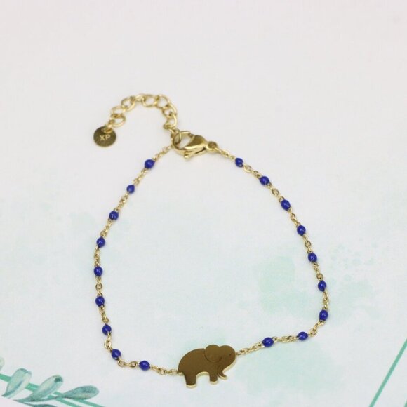 Charming Yellow Gold Plated Elephant Bracelet with Blue Beads, XPBL0621 - Picture 3 of 11